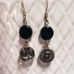 Silver Metal Round Sun Moon Black Earrings Handmade